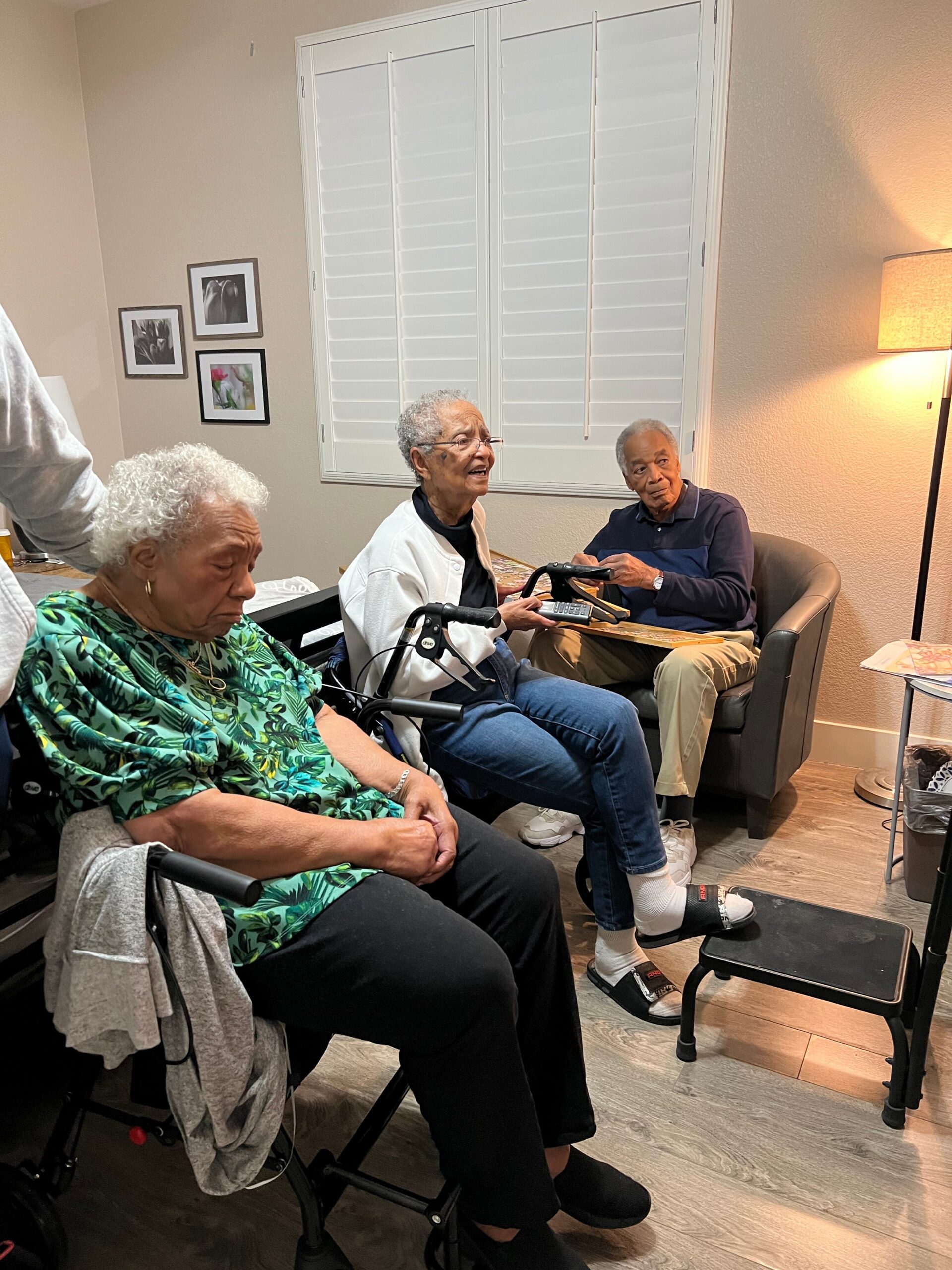 Group of elderly people relaxing in a living room, chatting and smiling together in chairs and a wheelchair setup.