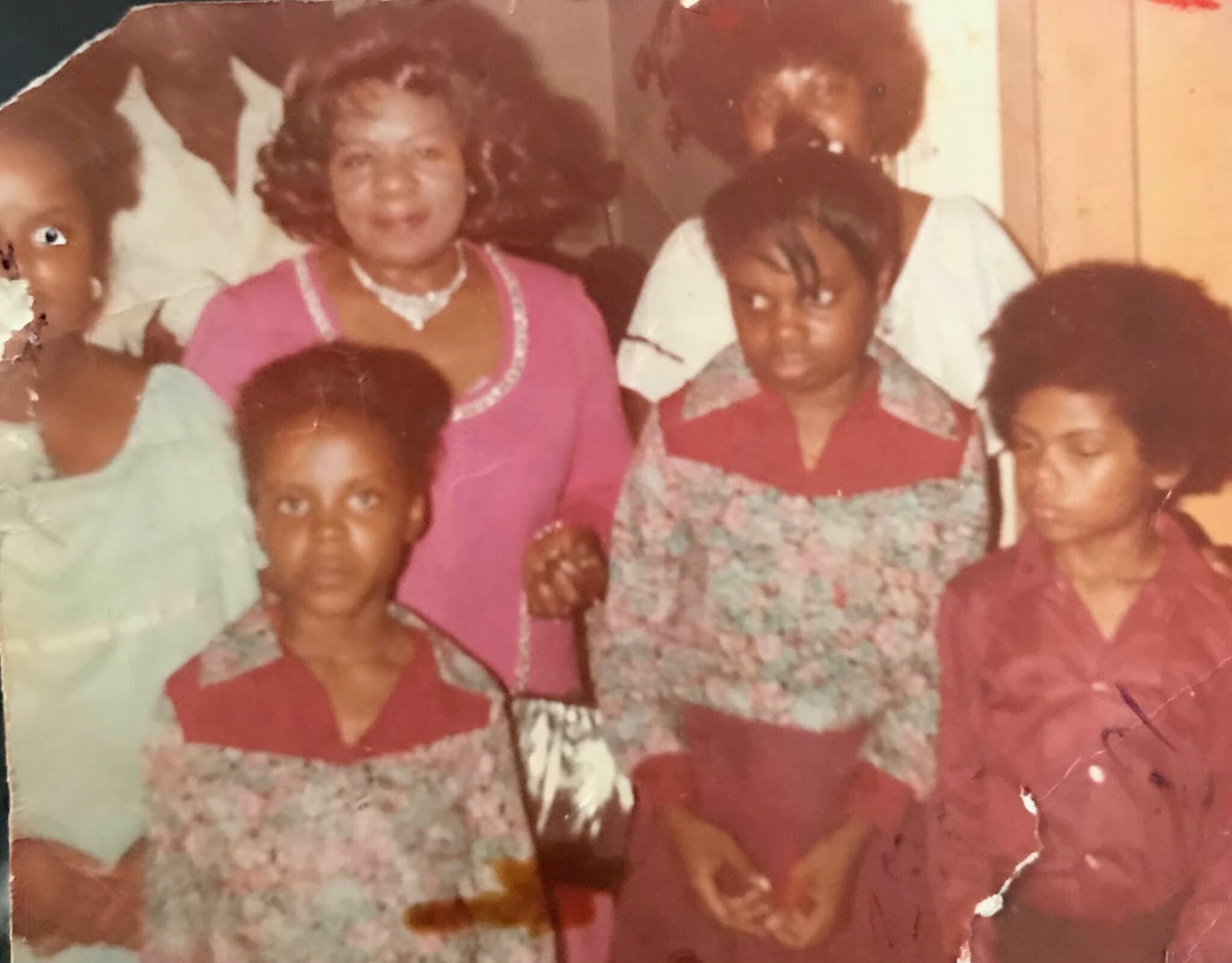 Small group photo of family members posing together; woman in pink dress and others surround several children.