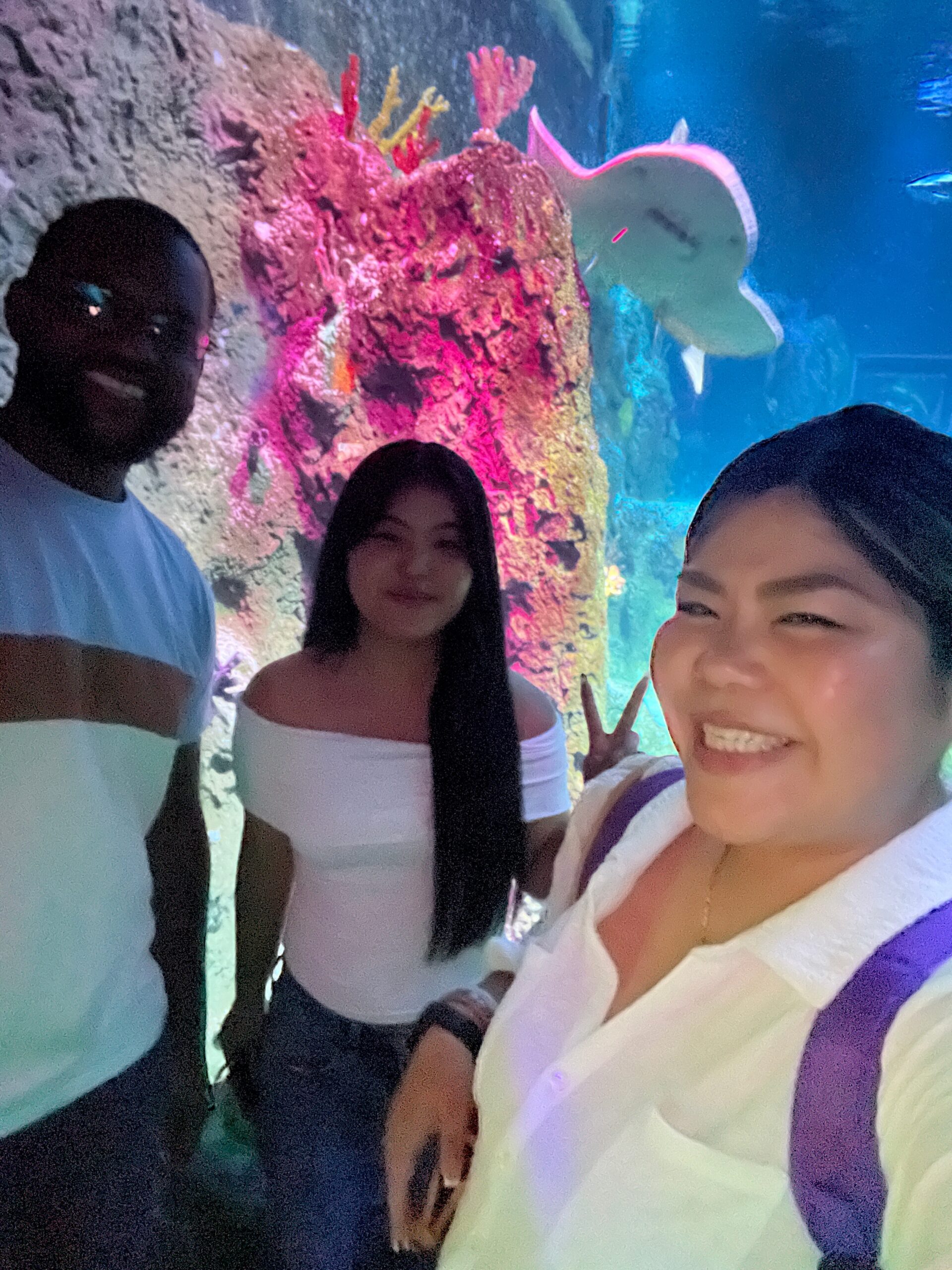 Three people take a group selfie in an aquarium, with a bright coral reef backdrop and a large stingray swimming behind them.