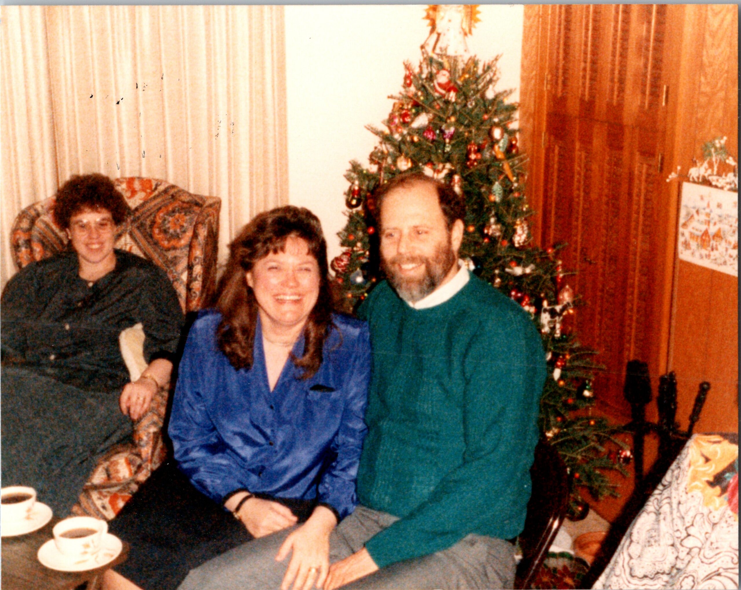 A family sits together in a living room next to a decorated Christmas tree, smiling at the camera. A woman in a blue blouse sits center, a man in a green sweater sits to her right, and another person sits on the left with a patterned chair and coffee cups on the table in front of them.