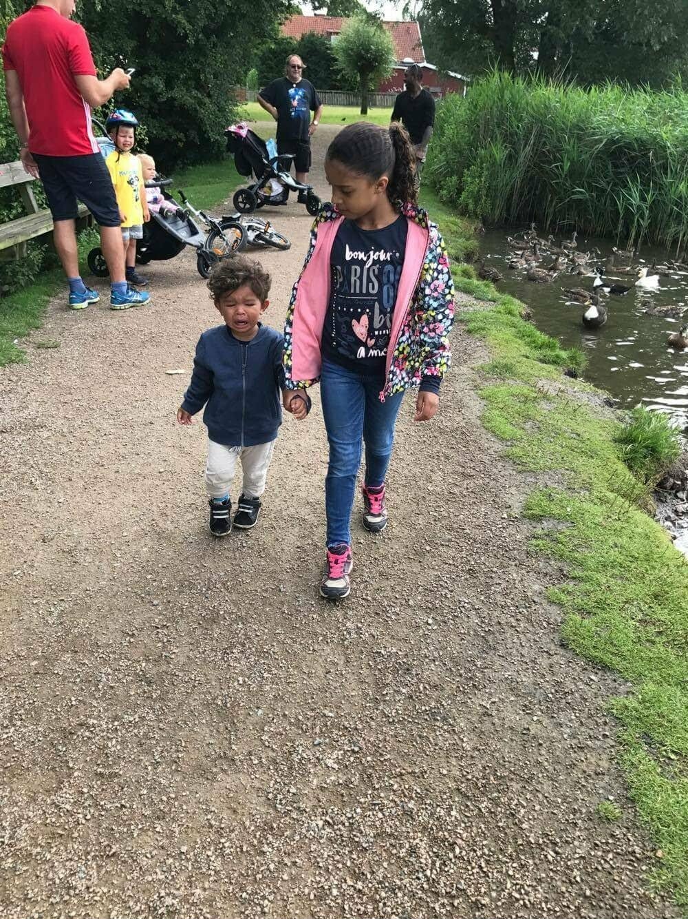 Two young children walk hand in hand along a gravel path beside a pond with ducks on the water behind them while adults watch nearby.