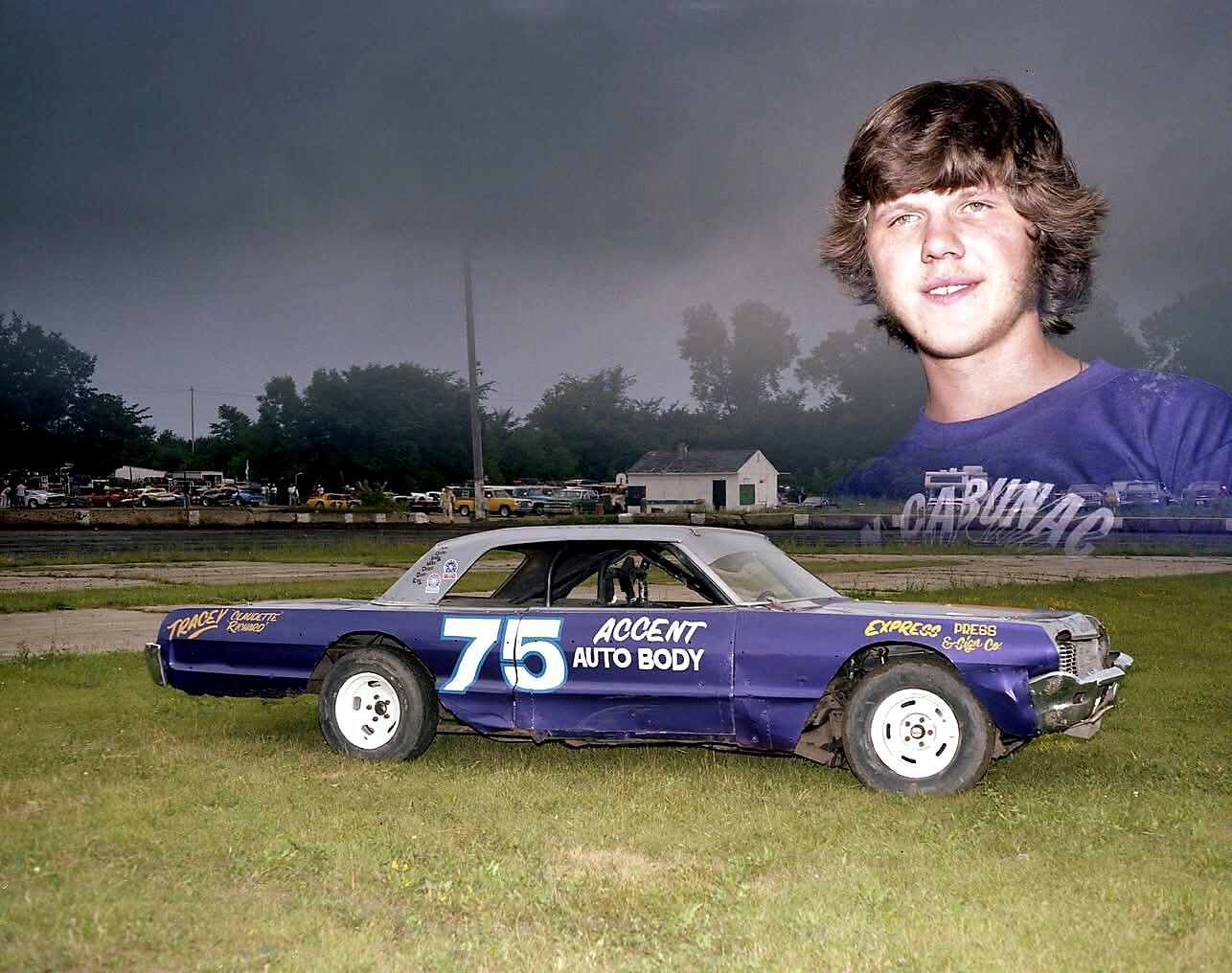 Purple race car No. 75 with 'Accent Auto Body' graphics sits on a grassy field; a large faded portrait of a smiling young man in a blue shirt looms in the background.