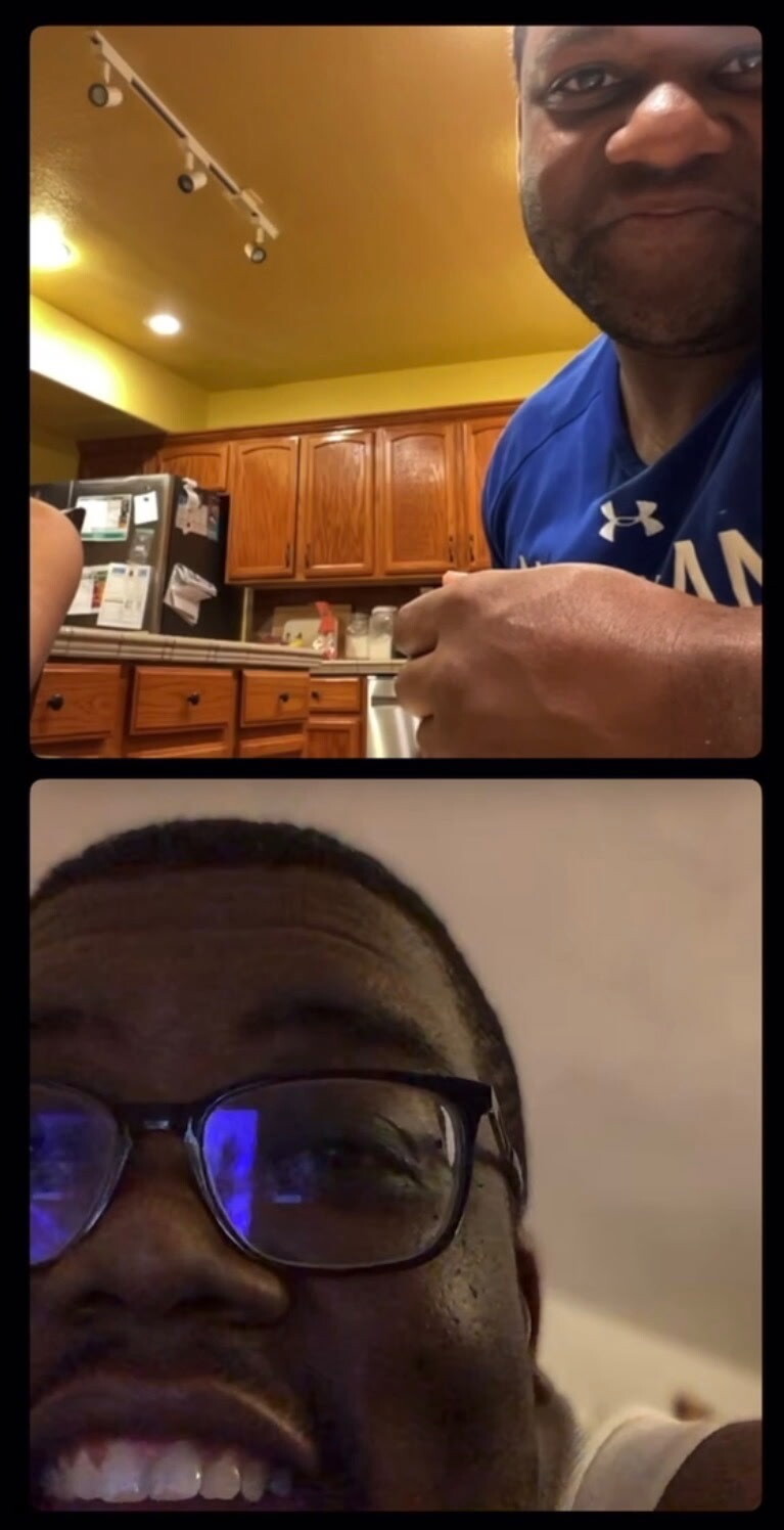 Two-person video call: top frame shows a man in a blue shirt in a kitchen; bottom frame shows a man with glasses smiling.