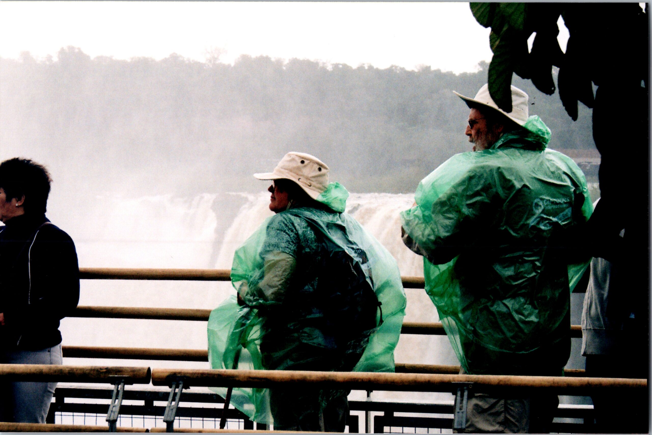 Two people in green ponchos stand by a railing, watching a misty waterfall in the distance.