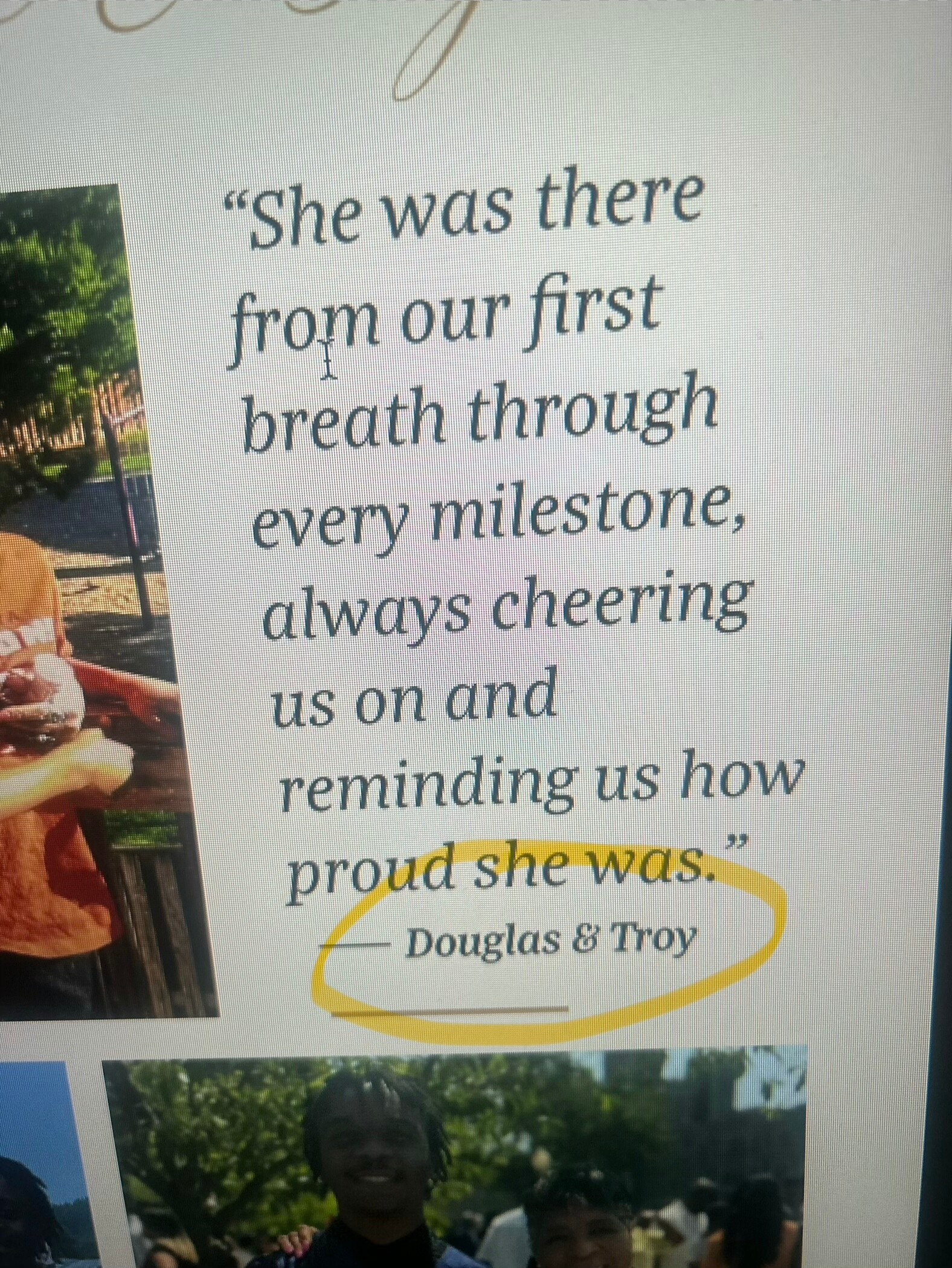 Page layout with a quote reading 'She was there from our first breath through every milestone' and a left-side group photo at a park in the background.
