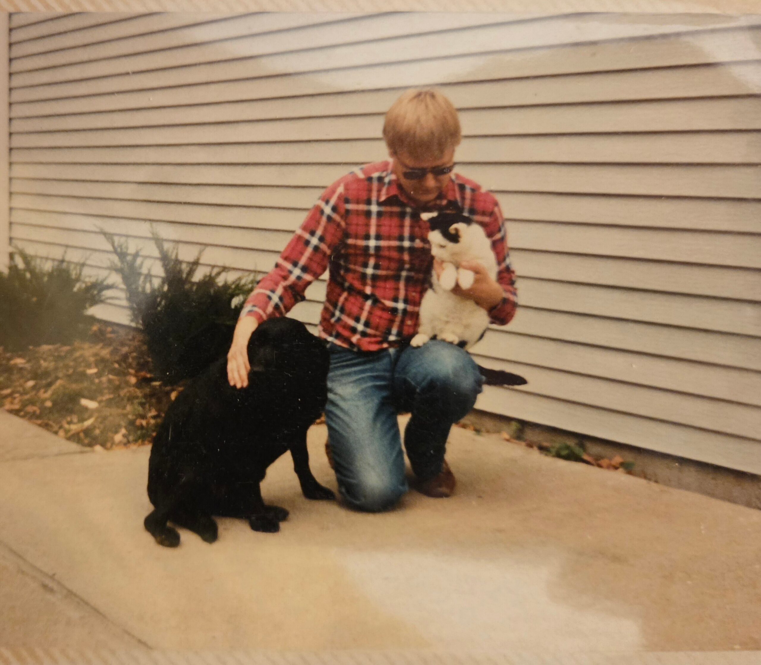 Man in a red plaid shirt and sunglasses kneels on a sidewalk, holding a small white puppy while a black dog sits nearby in front of a beige house with horizontal siding.