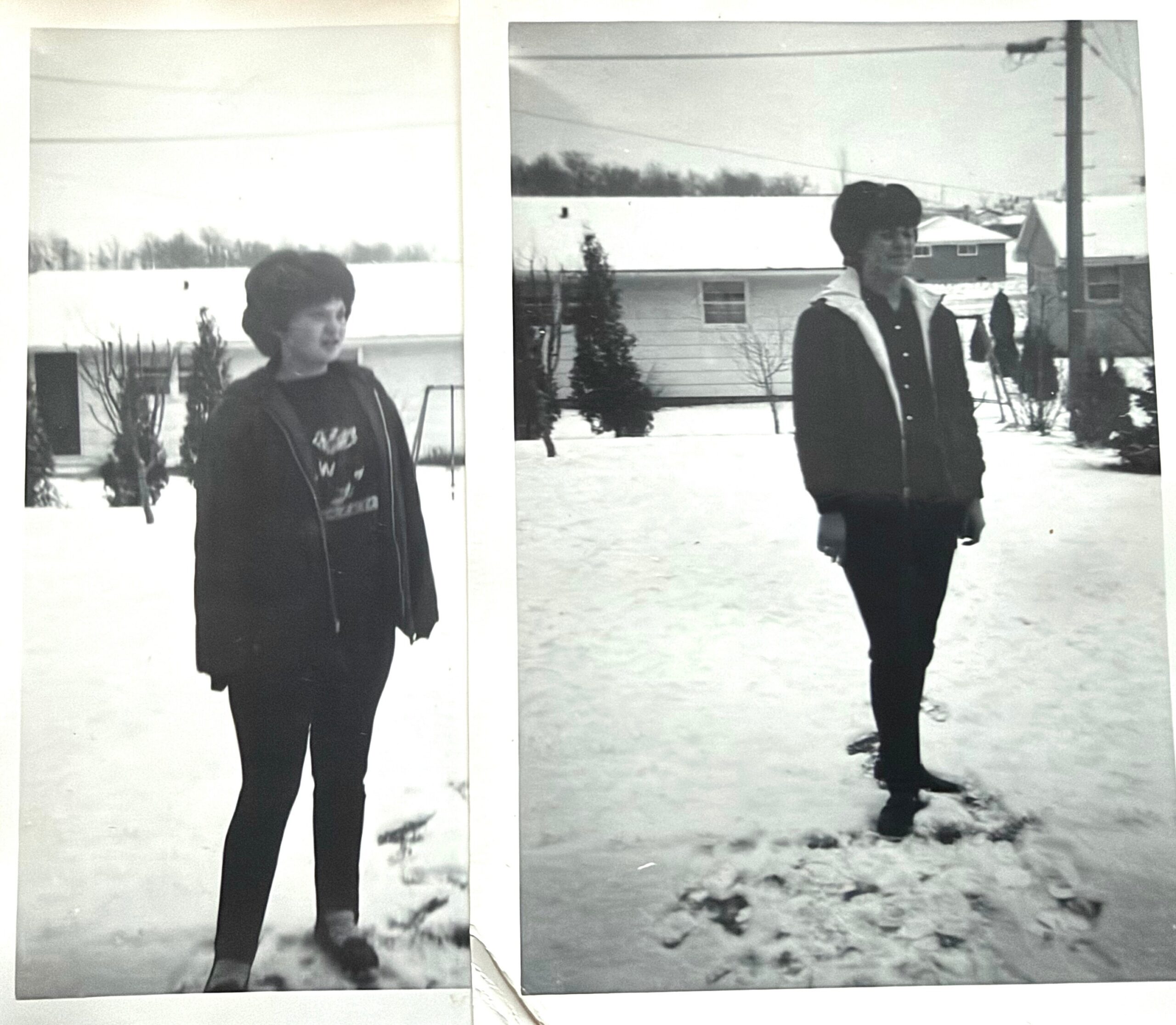 Two black-and-white photos side by side of a person standing in a snowy yard, wearing a dark jacket, with houses and power lines in the background.