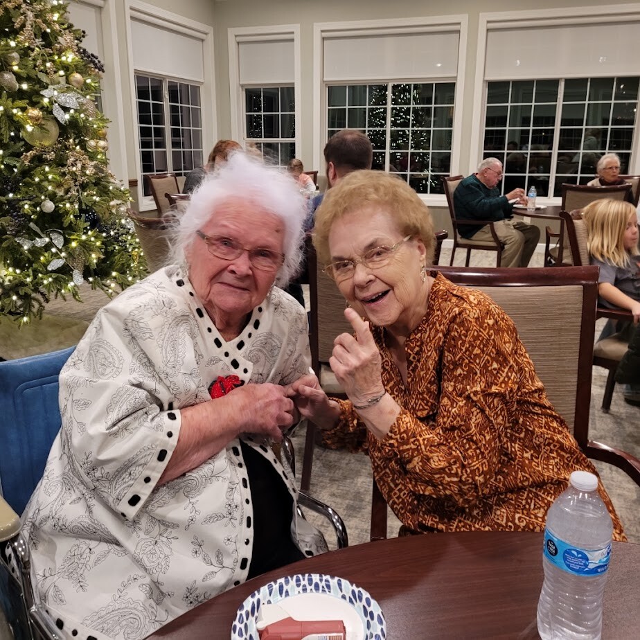 Two elderly women sit at a table by a decorated Christmas tree, smiling at the camera while holding hands.