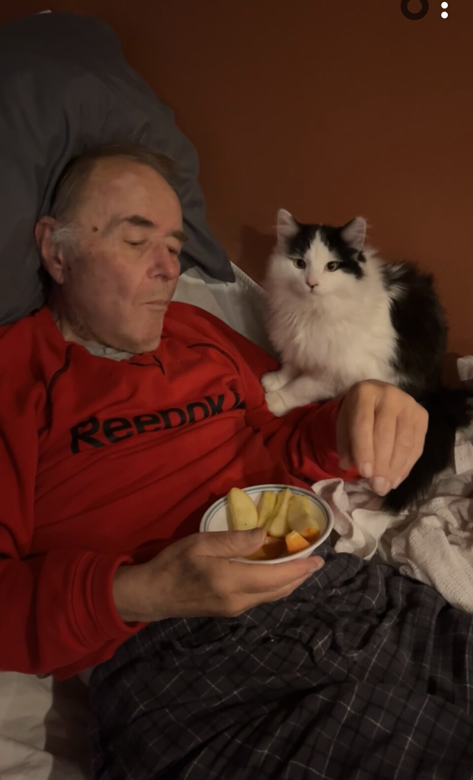 An elderly man in a red Reebok shirt sits in bed with a fluffy black‑and‑white cat beside him, holding a bowl of cut fruit (banana, apple, orange).