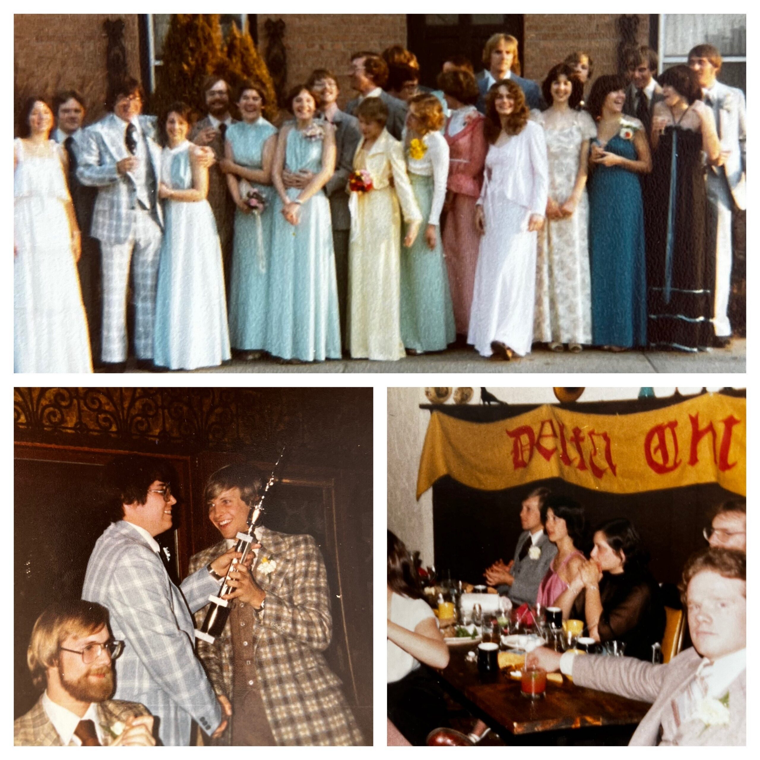Collage of a 1970s wedding party: groups of people in pastel bridesmaid dresses and suits posing together outside, with a reception scene at a table in another panel.