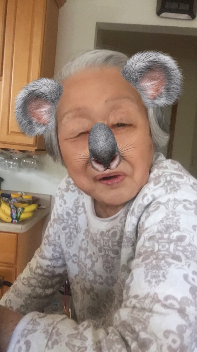 Elderly person wearing a filter that adds koala ears and nose, indoors in a kitchen, smiling at camera.
