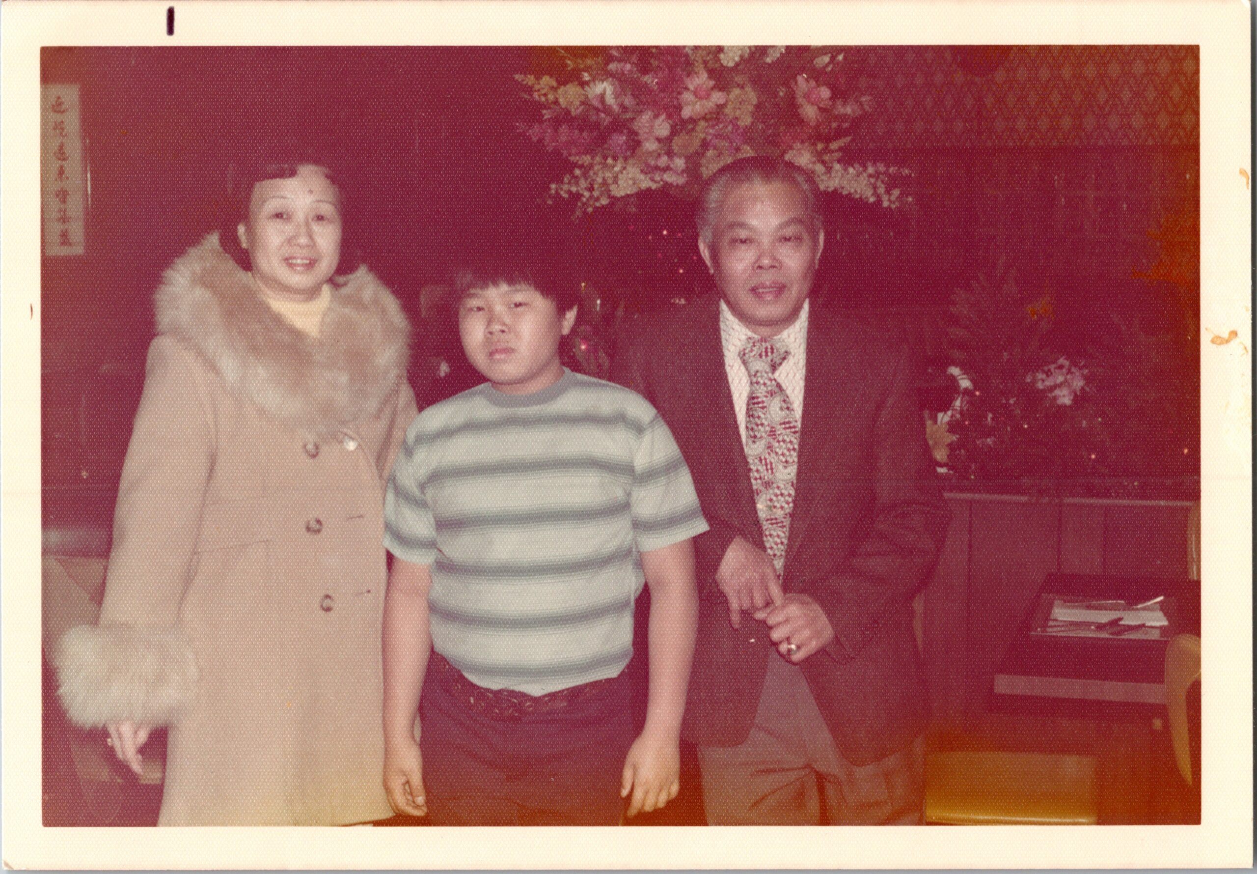 Three people posing indoors for a family photo: a woman in a beige coat with fur collar, a boy in a striped shirt, and a man in a suit with a patterned tie, a Christmas tree in the background.